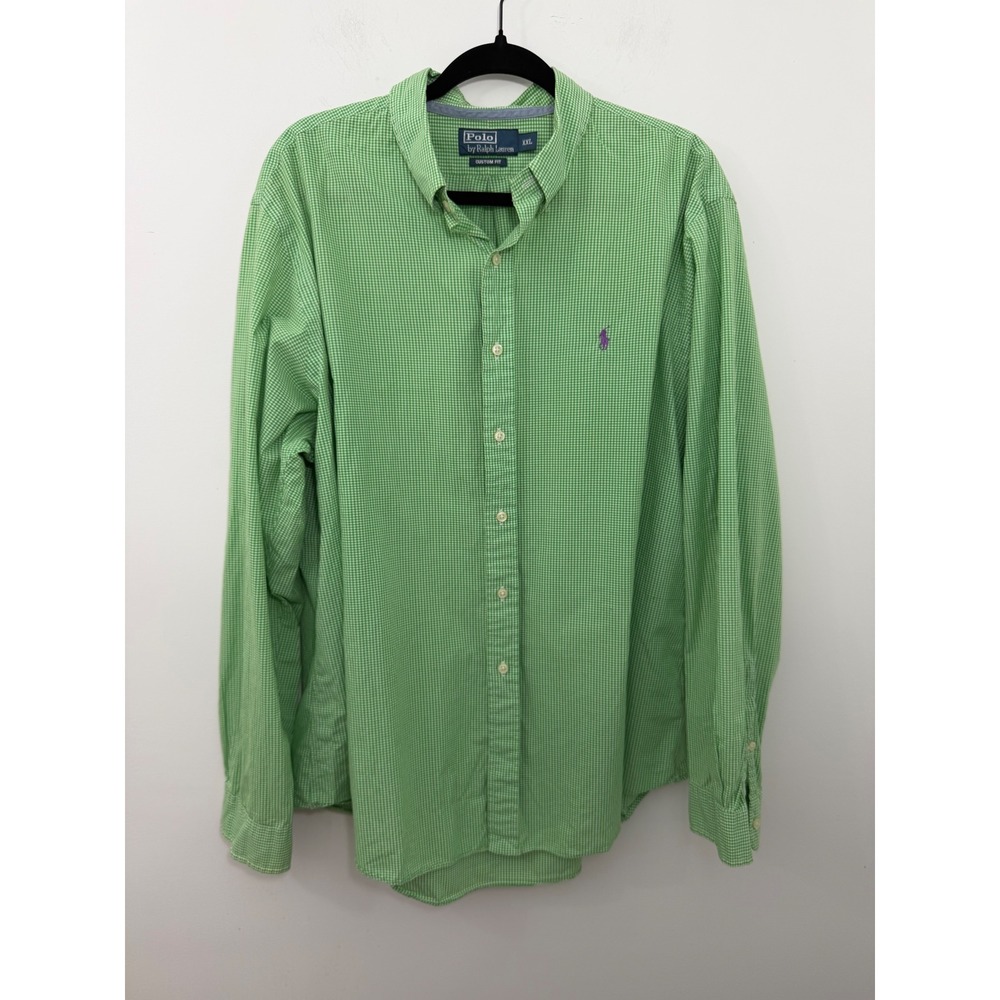 Polo Ralph Lauren Mens XXL Custom Fit Gingham Shirt Green White Purple Pony Logo